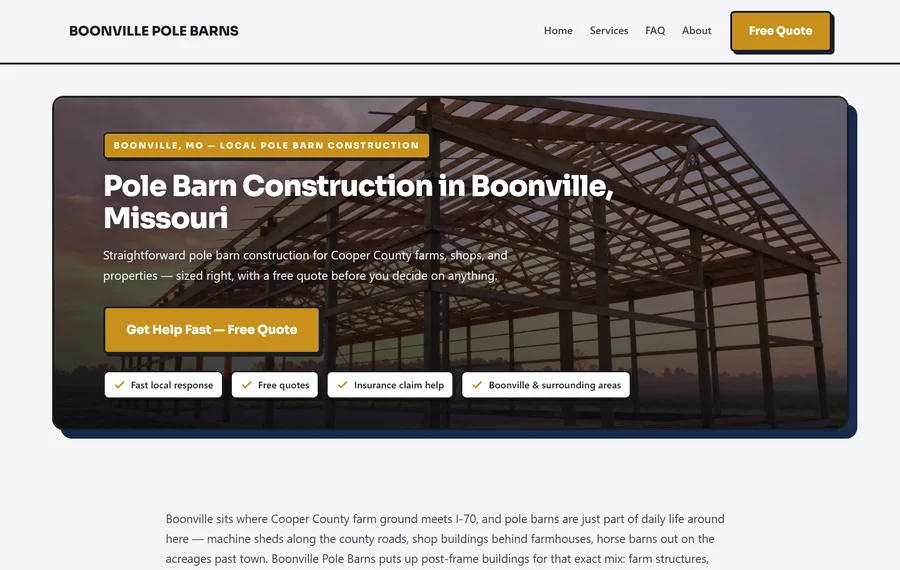 Homepage of a pole barn construction website for Boonville, Missouri
