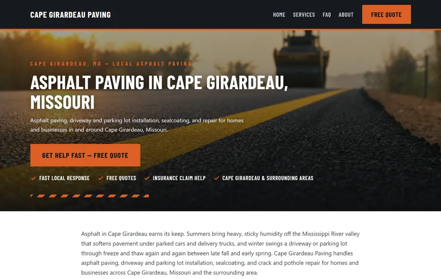 Homepage of an asphalt paving website for Cape Girardeau, Missouri