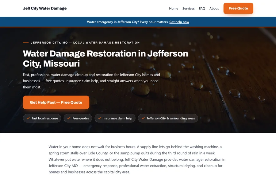 Homepage of a water damage restoration website for Jefferson City, Missouri