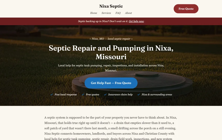 Homepage of a septic repair and pumping website for Nixa, Missouri