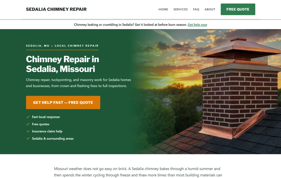 Homepage of a chimney repair website for Sedalia, Missouri