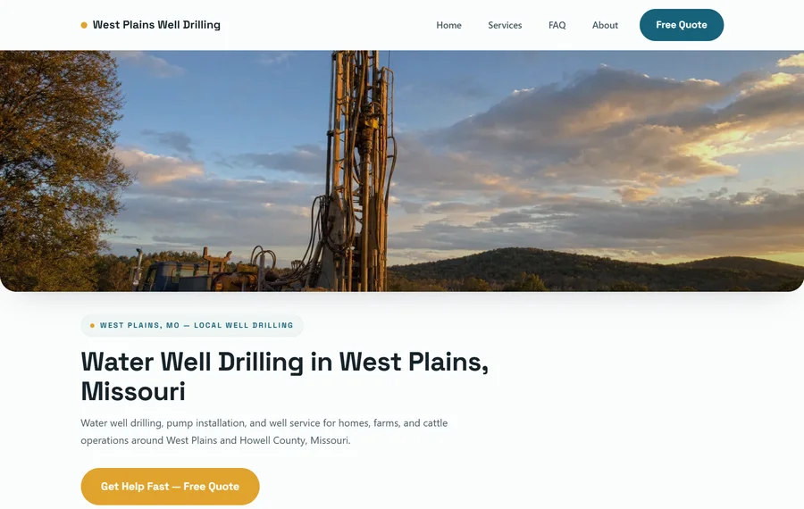 Homepage of a water well drilling website for West Plains, Missouri