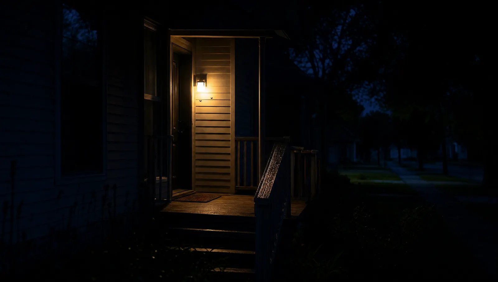 A porch light glowing beside a front door late at night