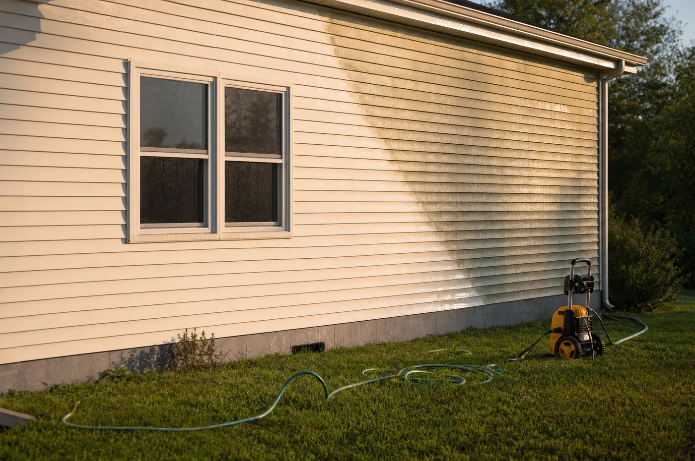 A worker pressure-washing siding in bright afternoon light